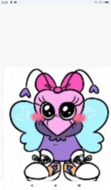 a cartoon drawing of a butterfly with a bow on its head and wings .