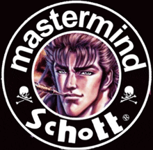 a mastermind schott logo with a man with a cigar in his mouth