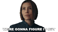 a woman says we 're gonna figure it out while wearing a polka dot shirt