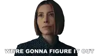 a woman says we 're gonna figure it out while wearing a polka dot shirt