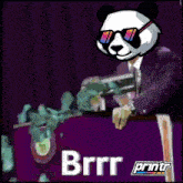 a panda bear wearing sunglasses stands behind a podium with the word brrr on the bottom