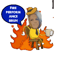 a cartoon of a woman sitting on a chair with a speech bubble saying fire perform ance bruh