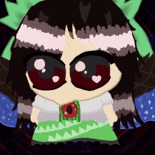 a drawing of a girl with big red eyes and a green dress
