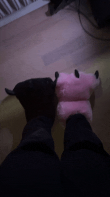 a person is wearing a pair of black and pink slippers