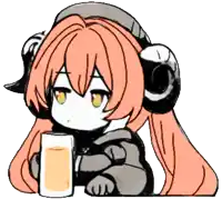 a drawing of a girl with long red hair holding a glass of orange juice