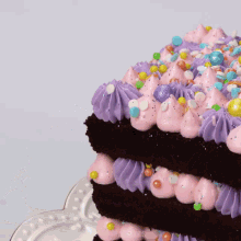 a cake with pink and purple frosting and sprinkles on it