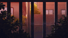 a painting of a building with a fence and a drain pipe
