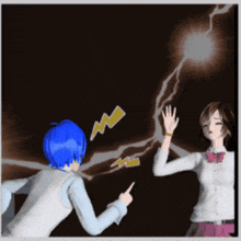 a boy and a girl are standing next to each other with a lightning bolt in the background