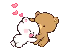 a brown and white teddy bear are hugging each other with hearts coming out of their mouths .