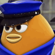 a cartoon character wearing a blue hat and blue shirt
