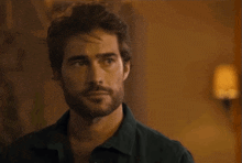 a man with a beard is wearing a green shirt and looking at the camera