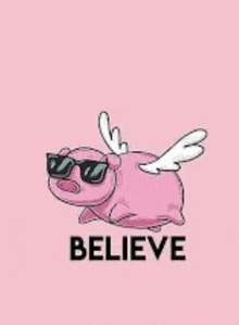 a pink pig with sunglasses and wings is flying in the air .
