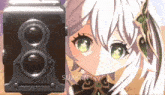 a girl with white hair and green eyes is standing next to a camera that says sujikan on it