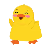 a cartoon yellow duck with a pink cheek is smiling and waving