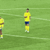 a soccer player wearing a yellow adidas jersey stands on a soccer field