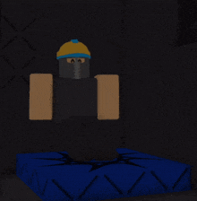 a cartoon character wearing a hard hat is standing on a blue surface