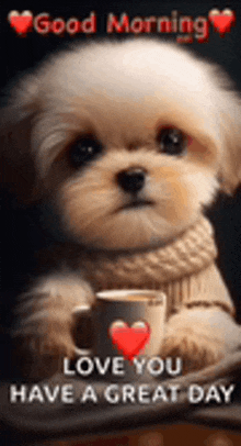 a puppy is sitting next to a cup of coffee and says `` good morning love you have a great day '' .