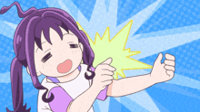 a cartoon girl with purple hair is giving a thumbs up sign