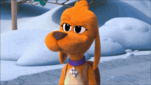 a cartoon dog wearing a purple collar and tie stands in the snow