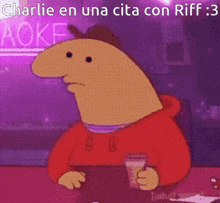a cartoon character is sitting at a table with a glass of beer