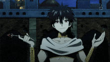 a man in a black and white outfit is holding an arrow in his right hand and says tbs on the bottom right