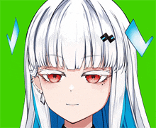 a close up of a girl 's face with red eyes and white hair