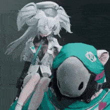 a girl with long white hair is sitting on a stuffed animal .