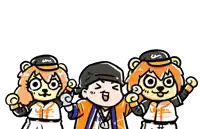 a cartoon drawing of three bears standing next to each other with a donut in the background
