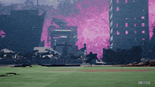 a video game screen shows a destroyed city with a purple sky