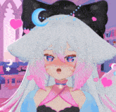 a girl with white hair and pink highlights has a black cat ear
