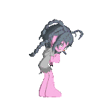 a pixel art drawing of a girl with pigtails and a gray shirt