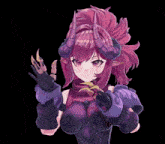 a girl with purple hair and horns holds a banana