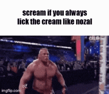 a muscular man is screaming while licking the cream like nozal .