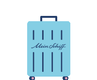 a blue suitcase says mein schiff on it