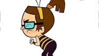 a cartoon girl wearing glasses and a striped shirt is making a funny face
