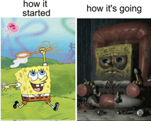 a cartoon of spongebob is next to a picture of spongebob sitting in a chair