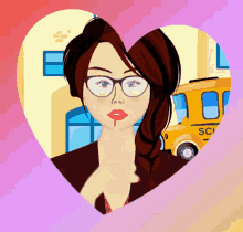 a girl with glasses and red lips is in a heart shaped frame with a school bus in the background