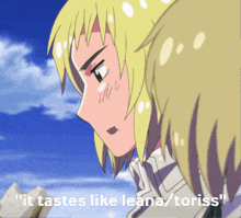 a picture of two anime characters with the words " it tastes like leana / toriss " on the bottom