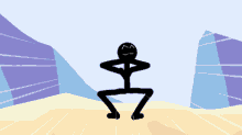 a stick figure is squatting in front of a mountain in a cartoon
