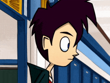 a cartoon character with purple hair is standing in a hallway with lockers