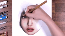 a person is drawing a woman 's face with a pencil on a wooden table