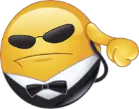 a yellow smiley face wearing sunglasses and a black bow tie