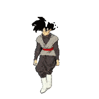a cartoon character is walking on a white background . he is wearing a black outfit and white boots .