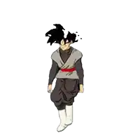 a cartoon character is walking on a white background . he is wearing a black outfit and white boots .