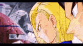a man and a woman are standing next to each other in a cartoon scene from dragon ball z .