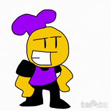 a cartoon character with a yellow face and a purple shirt is standing next to another cartoon character .