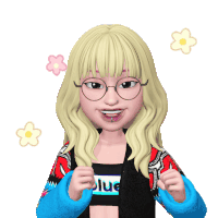 a cartoon girl with blonde hair and glasses is wearing a blue jacket with the word blue on it