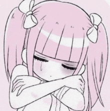 a black and white drawing of a girl with pink hair and a bow in her hair .