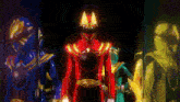 three power rangers are standing next to each other in a dark room