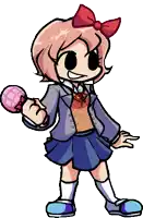 a cartoon girl with a bow is holding a microphone